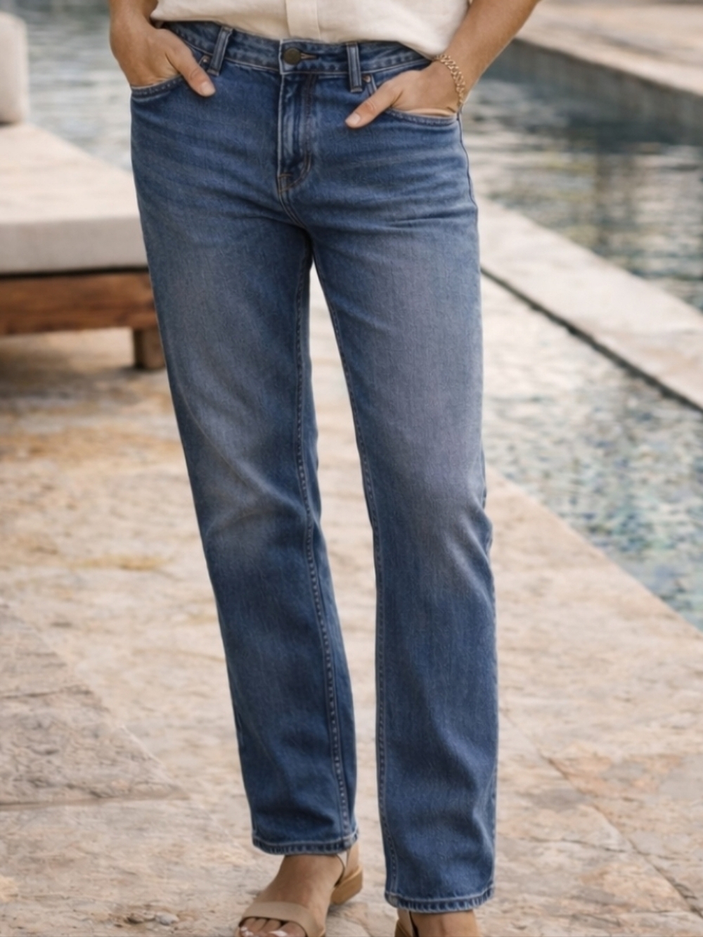 J McLaughlin Jeans Size 12 Blue Stretch Straight Leg Mid Rise Zip Pocket Denim